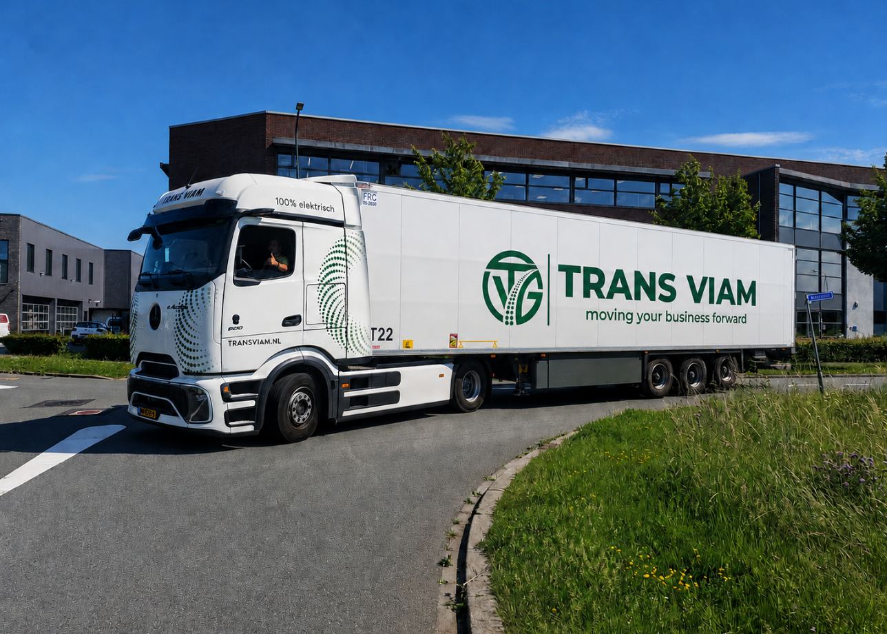 Volledig elektrische trekker-oplegger van Trans Viam onderweg bij een bedrijfspand